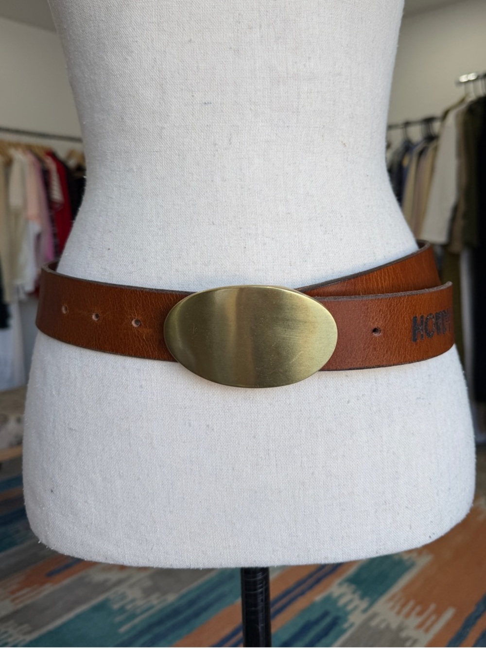 Custom Cognac Leather Belt Gold Brass Oval Buckle Hand Crafted Branded “Howdy”